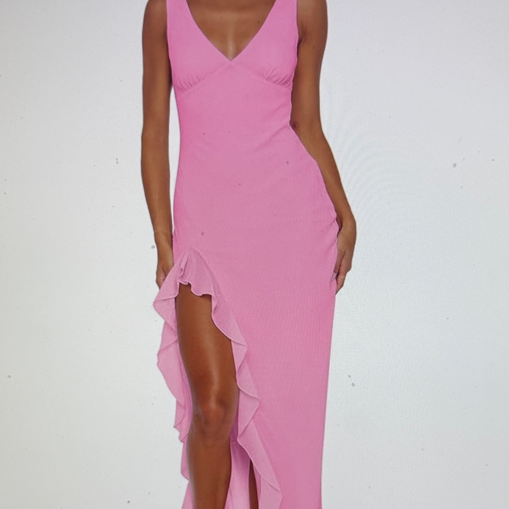 V-Neck Pink Ruffle High-Slit Maxi Dress